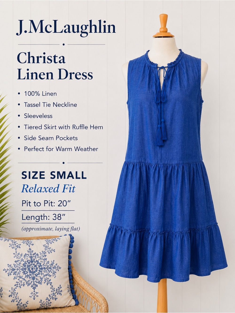 J McLaughlin Christa Blue LinenTiered Dress Resort Sleeveless S Small